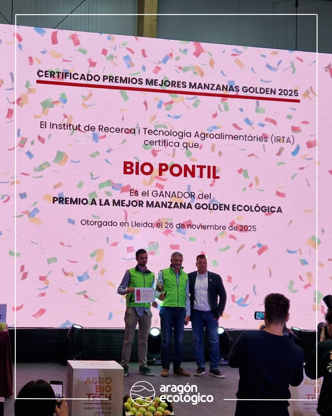 Biopontil, de Rueda de Jalón, galardonada con el premio a la mejor manzana Golden de producción ecológica.